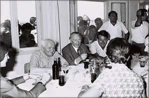 KONRAD ADENAUER, FORMER CHANCELLOR OF W. GERMANY, WITH MR. DAVID BEN GURION AT THE DINNING HALL OF KIBBUTZ SDE BOKER.